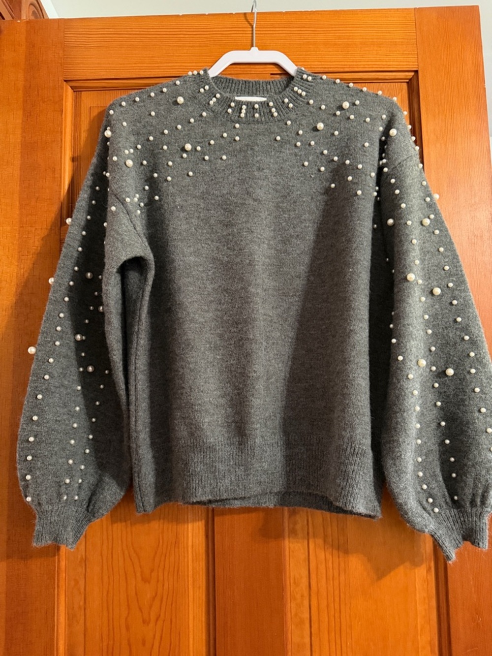 Pearl-Embellished Gray Women's Sweater